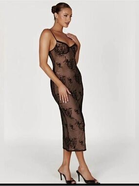 Meshki Black Sheer Floral Midi Slip Dress
